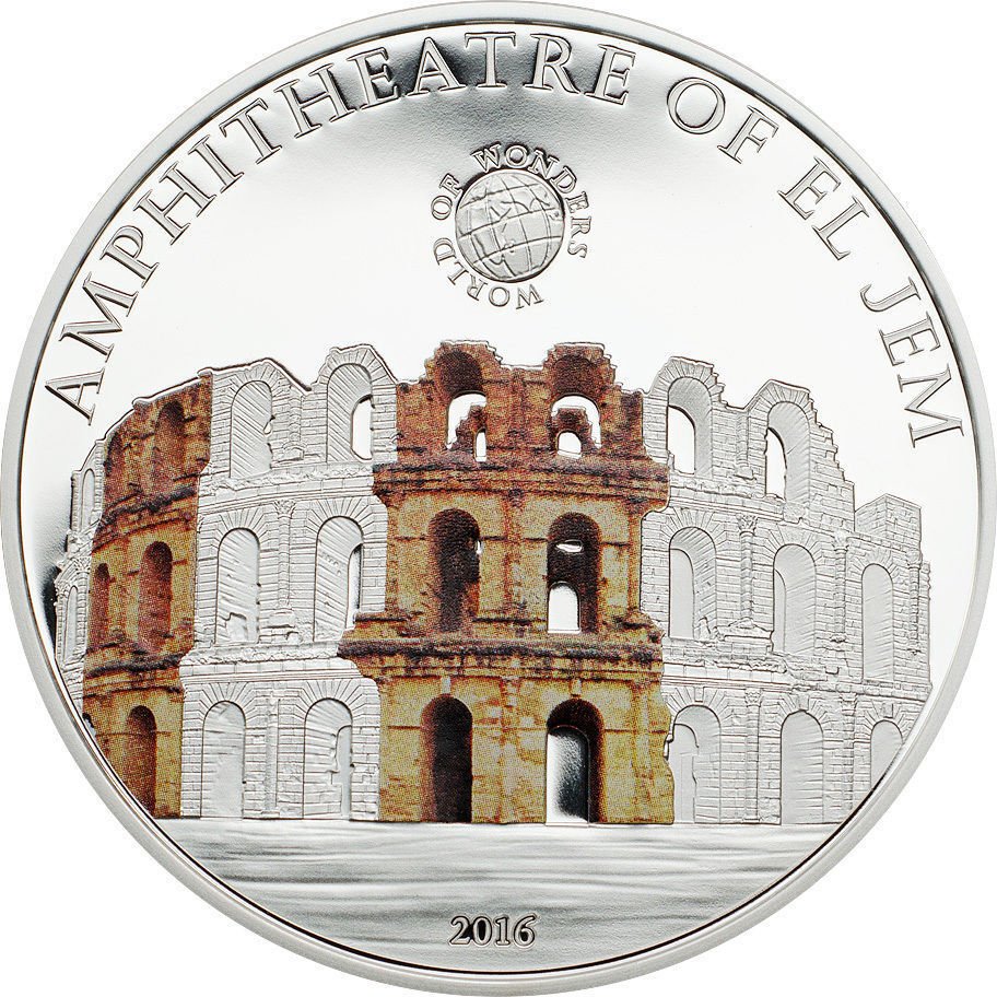 2016 Palau Large Proof Silver color $5 World Wonders-Amphitheatre of El Jem