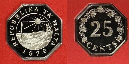 1979 Malta Proof Octagonal 25 C, Emblem with Boat