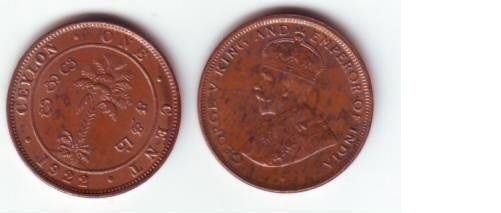 1922 Ceylon 1 Cent Palm Tree/George V toned UNC