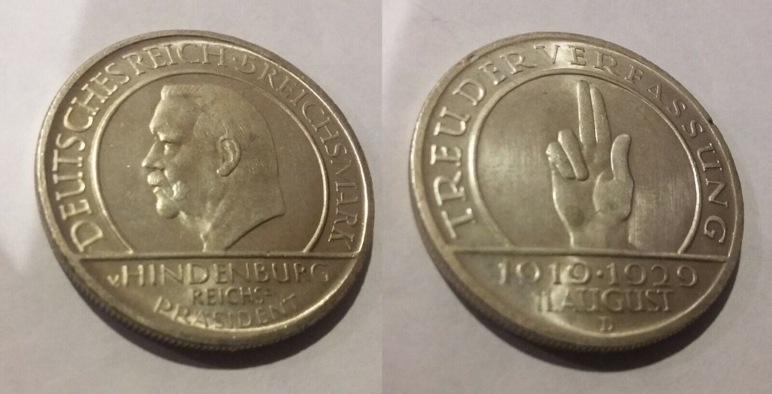 Rare 1929 D Weimar Germany  5 Mark Constitution/Hindenburg-Nice