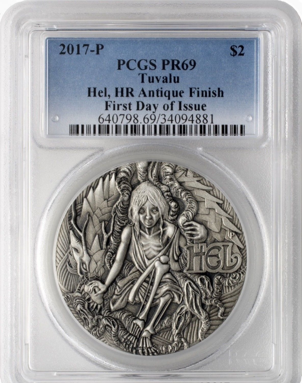 2017 Tuvalu Large 2 OZ.999 Silver Antique $2 Norse Goddess Hel PCGS PR 69