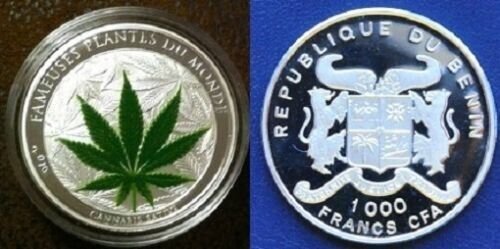 Rare 2010 Benin Large Silver Color Proof 1000 fr Cannabis Sativa