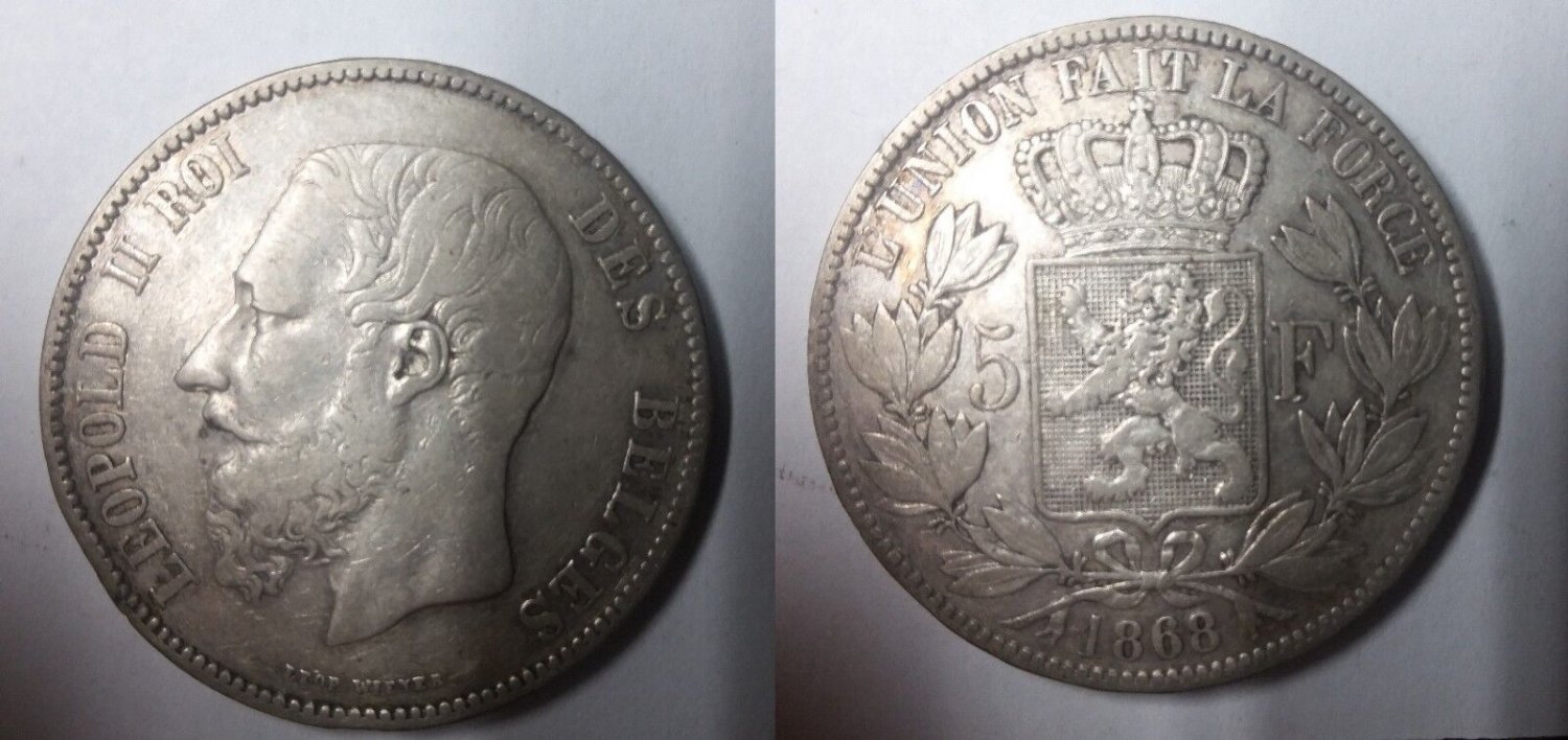 1868 Belgium Large Silver 5 Francs