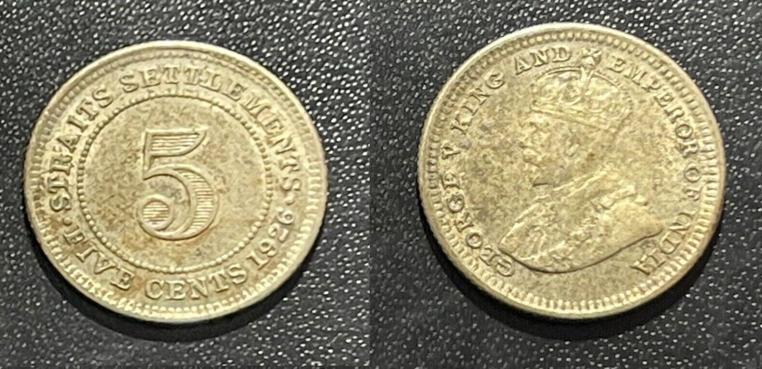 1926 Straits Settlements Silver 5 Cent-nice
