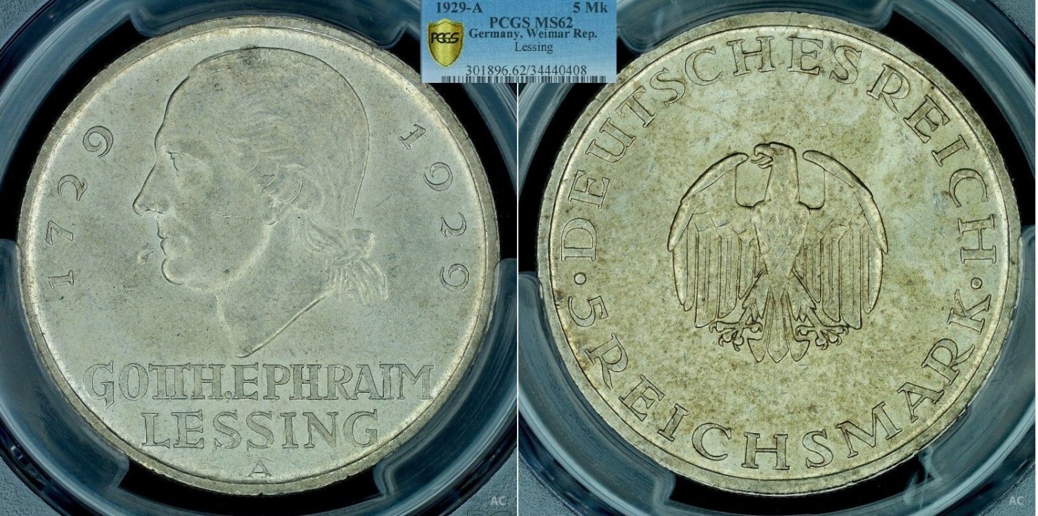 Rare 1929 A Germany silver 5 Marks Lessing--PCGS MS 62