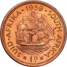 1959 South Africa Large 1 Penny Queen Elizabeth II Sailing ship- Red BU