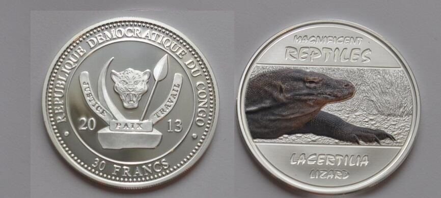 Congo 2013 Large Silver Color  Proof 30 Francs - Lizard-mintage 3000