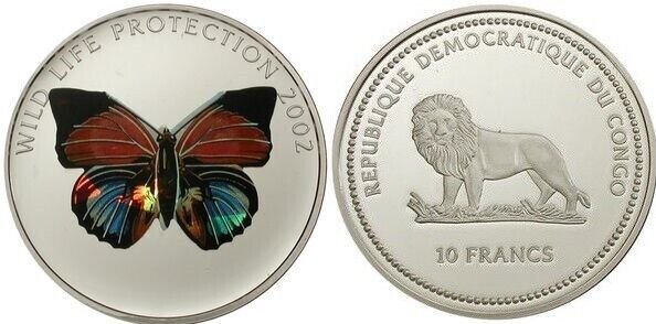 2002 Congo Large Silver Color Hologram Proof 10 francs Red Butterfly/Lion