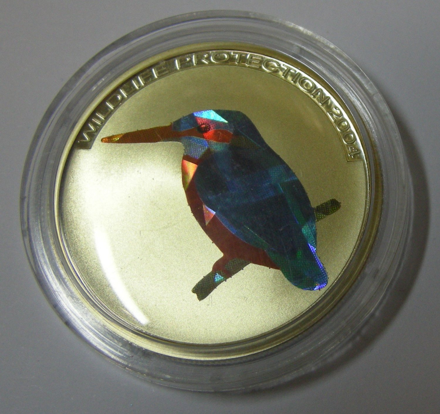 2004 Congo Large Silver Color Hologram Proof 10 fr Kingfisher Bird