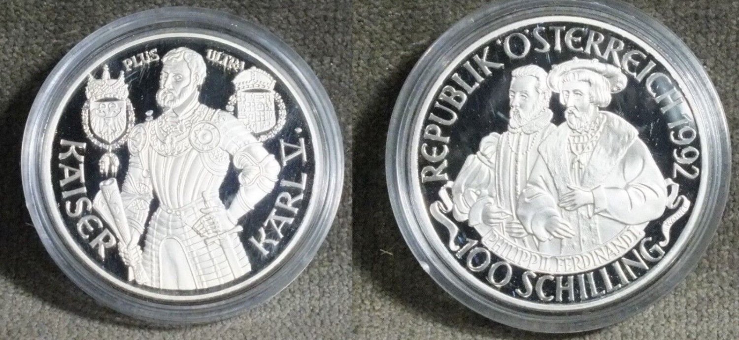 1992 Austria Large Silver Proof 100 sh Charles V-Holy Roman Emperor 1519-1555