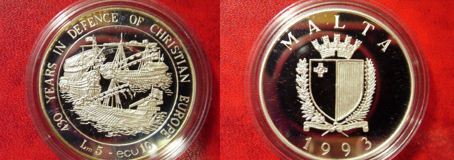 1993 Malta Large Proof Silver 5L/10 Ecu Defence of Christian Europe/Sailing Ship