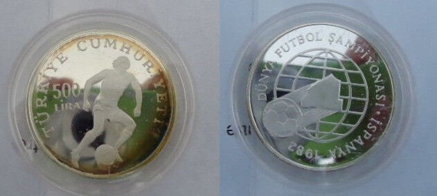 1982 Turkey Large Silver Proof 500 lira World Cup Soccer(Football) Player