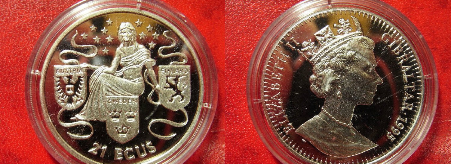 1995 Gibraltar Large Silver Proof 21 Ecu Allegorical Europa-AustriaFinlandSweden