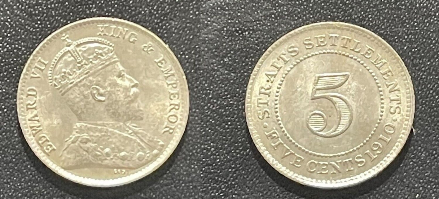 1910 Straits Settlements Silver 5 Cent-UNC