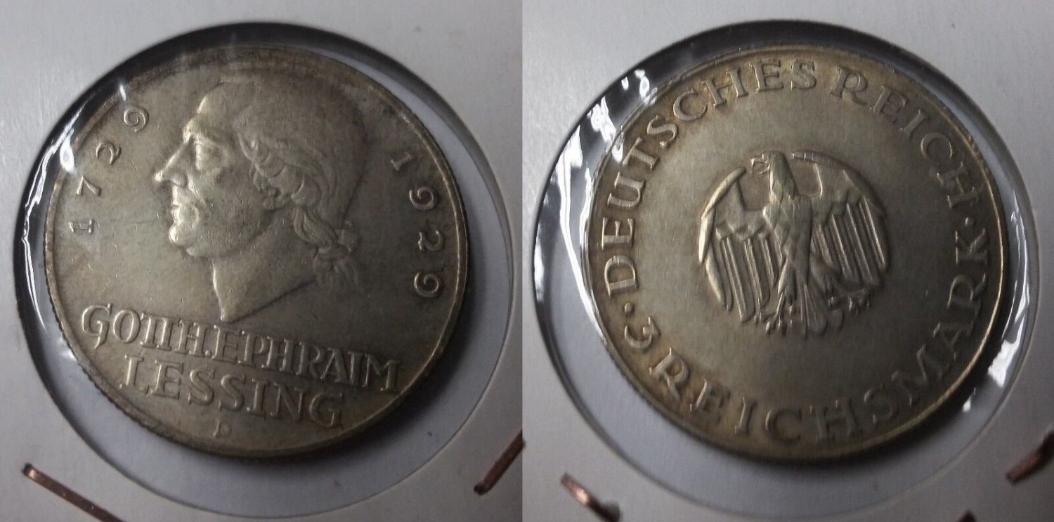 Rare 1929 D  Germany Large Silver 3 marks-Lessing-Nice #2