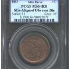 Rare USA 1853 PCGS MS 64 RB Braided Hair Large Cent Error- Mis-aligned Die