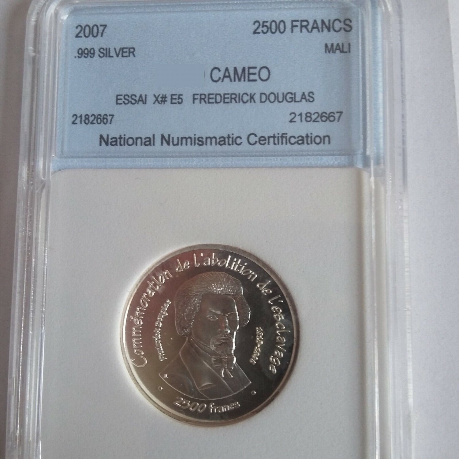 2007 Mali Silver 2500 fr essai pattern Abolition Slavery, Frederic Douglas Slab