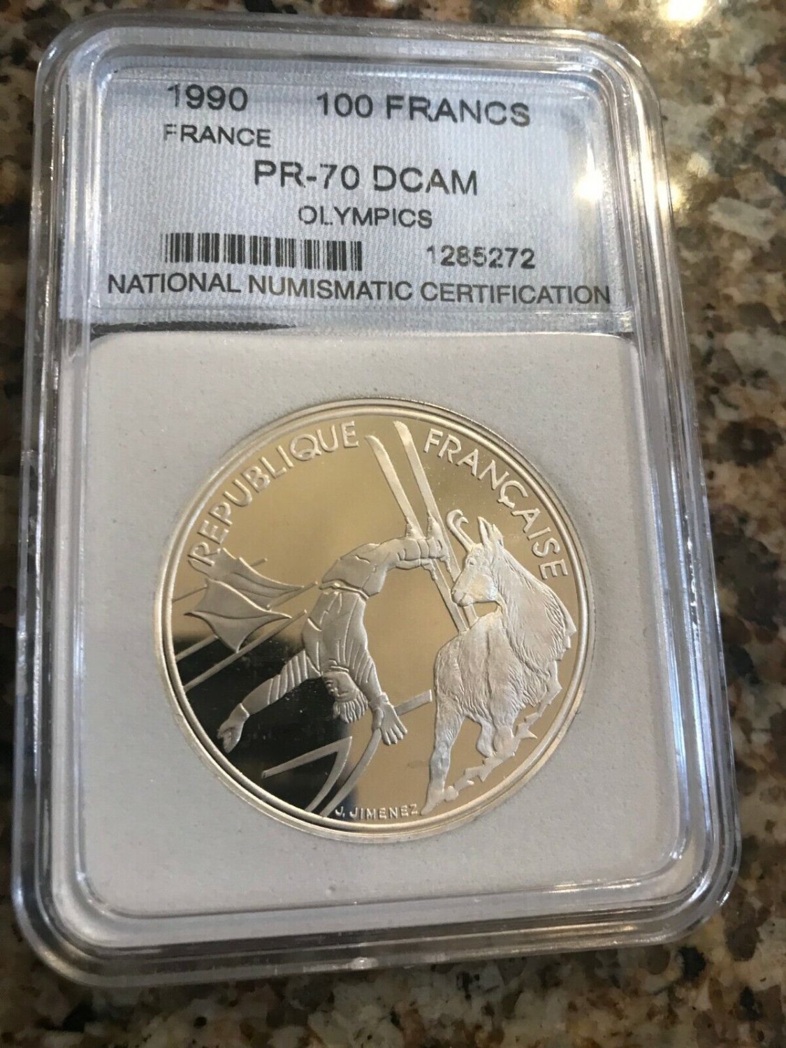 1990 France Large Silver Proof Olympic Acrobatic Skiing 100 fr slabbed