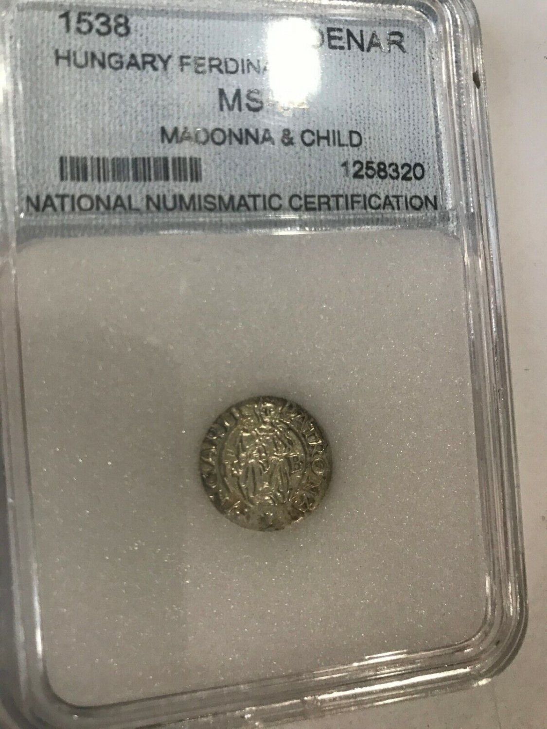 1538 Hungary Silver Denar- King Ferdinand -Habsburg Dynasty-slabbed, nice