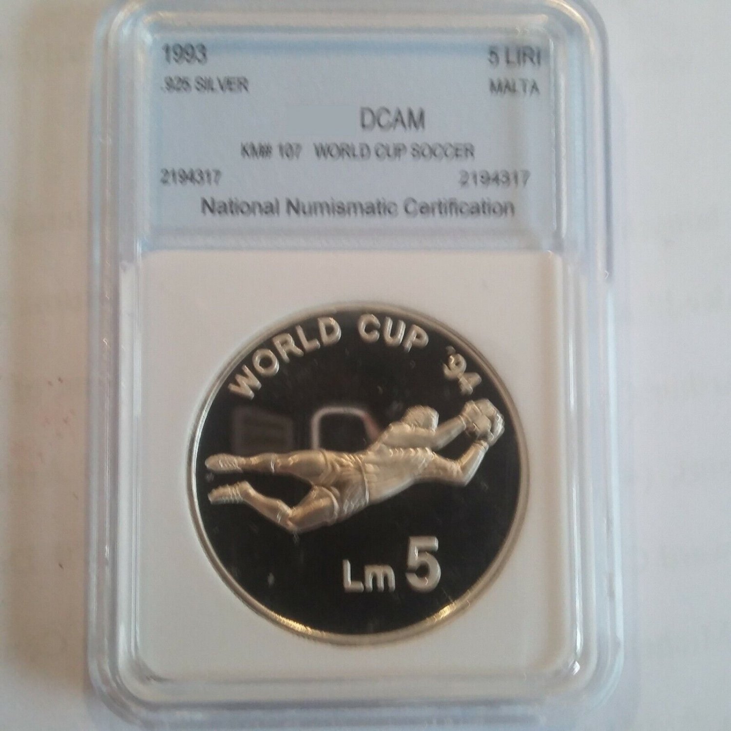 1993 Malta Large  Proof Silver  5 liri Soccer World Cup-slabbed