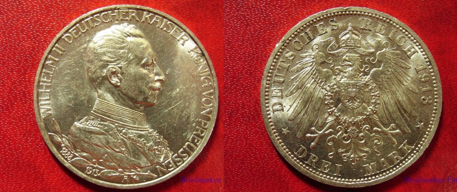 1913 Prussia(Germany)Silver Large 3 marks Kaizer Willhelm-military uniform-Nice
