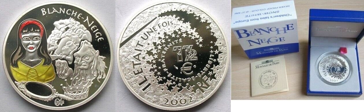 2002 France Large Proof Silver color 1.5 Euro Snow White Fairy  Tale Box