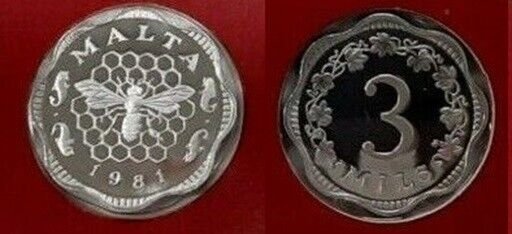 1981 Malta Proof Scalloped 3 Mils, Bee and honeycomb