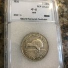 1935 New Zealand Large Silver 1 Florin George V/Kiwi bird, slabbed