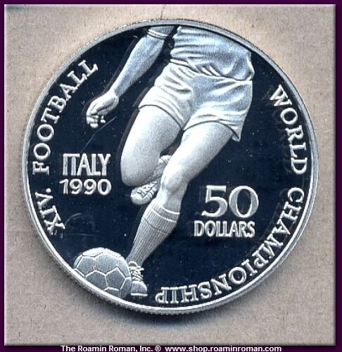 1990 Niue Large Proof Silver $50 World Cup Soccer Player Ball