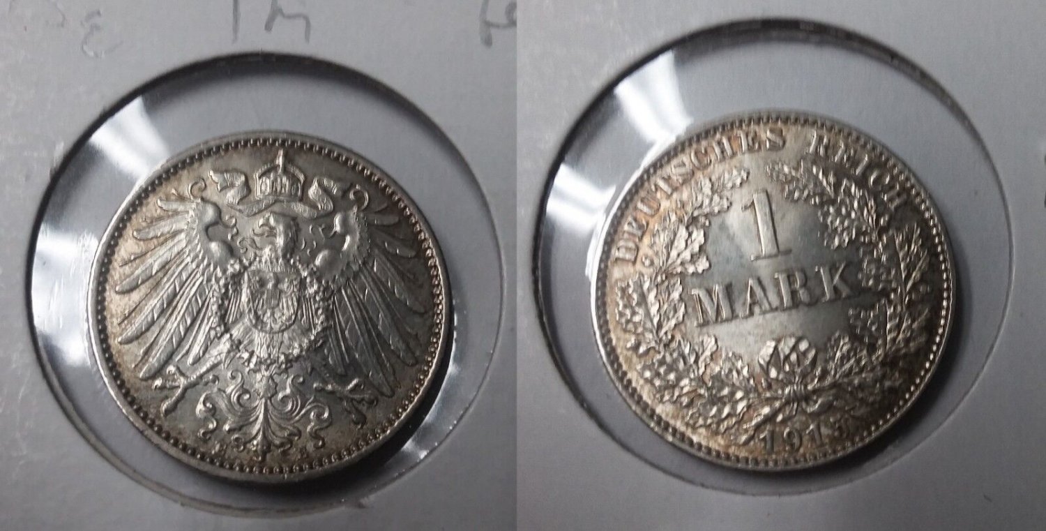 1915 E Germany Silver 1 Mark- WWI - UNC