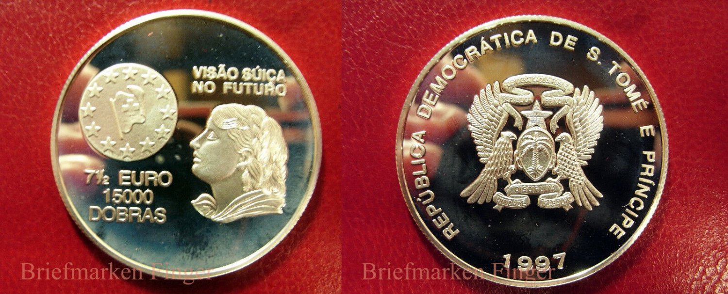 1997 St.Thomas Large Proof Silver 15000 Dobras 7.5 Euro-Swiss Helvetia