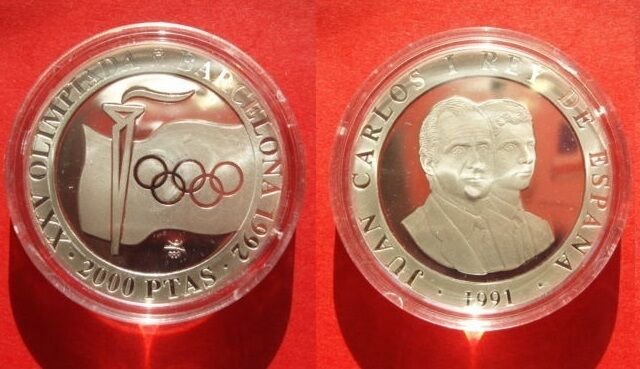 1991 Spain Large  silver Proof 2000 Pesetas-Olympic Flames/Rings Flag