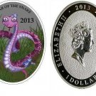 2013 Niue Large Oval Color Silver Proof 1$ Purple snake-Lunar Calendar