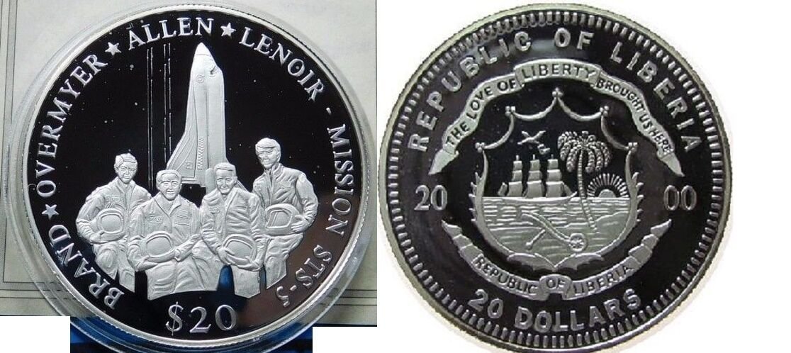 Liberia 2000 Large .999 Silver Proof $20-Space- STS-5 mission