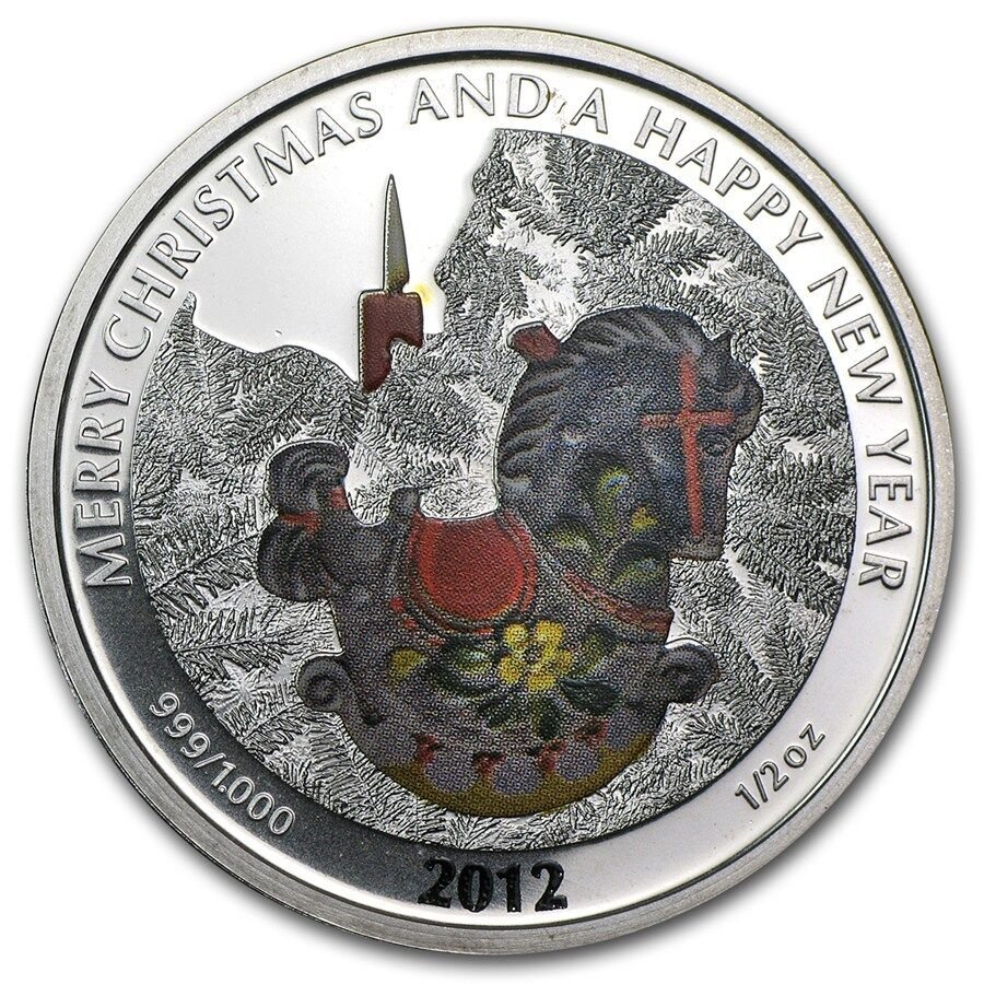 Liberia 2012 Large 1/2 OZ Silver Proof Color $2 Christmas/New Year-Rocking Horse