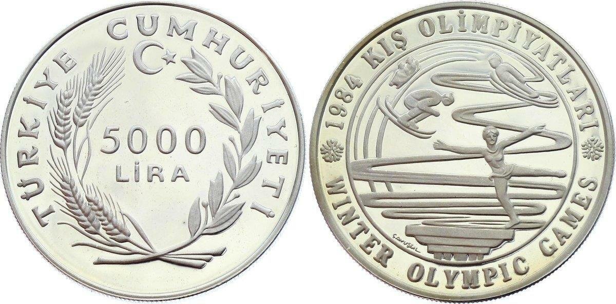 1984 Turkey Large Silver Proof 5000 lira Winter Olympics