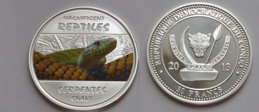 Congo 2013 Large Silver Color  Proof 30 Francs - Snake -mintage 3000