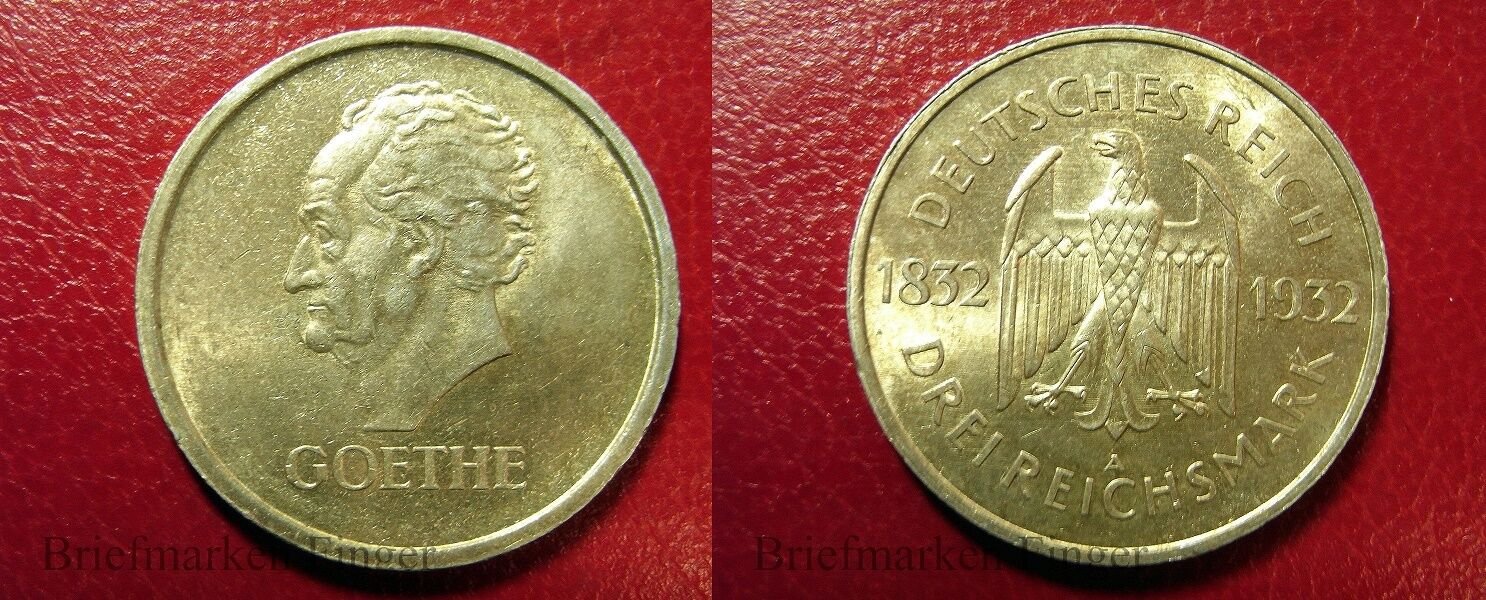 Rare 1932 A Germany Weimar  Rep Silver 3 marks Goethe- Super Nice #2