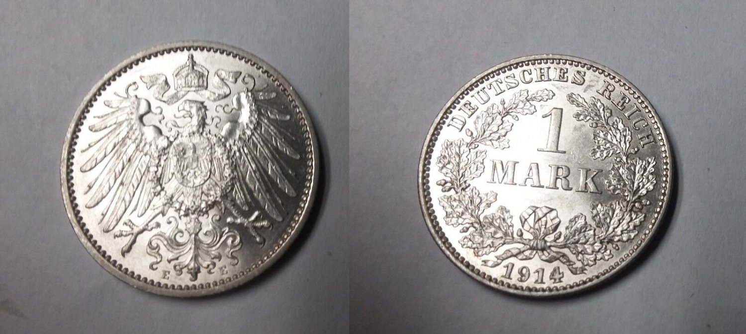 1914 E Germany Silver 1 Mark- WWI start- nice BU