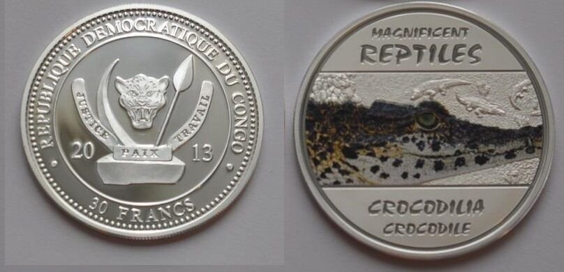 Congo 2013 Large Silver Color  Proof 30 Francs - Crocodile -mintage 3000