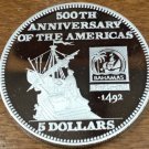 1991 Bahamas Large Proof Silver $5 Columbus on ship sighting America-500 years.