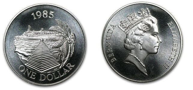 Scarce 1985 Bermuda Large Matte Silver$1 Cruise Ship/Pyramid/Palm Tree-mint.2500
