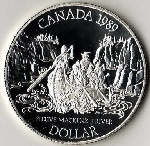 Canada 1989 Large Silver Proof $1-Canoe/Explorers Mackenzie River