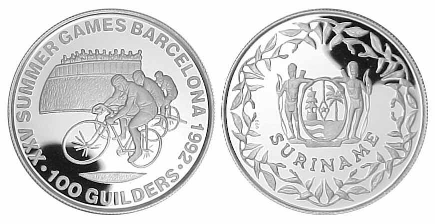 1992 Suriname Large Proof Silver 100 guilders-Olympic Cycling