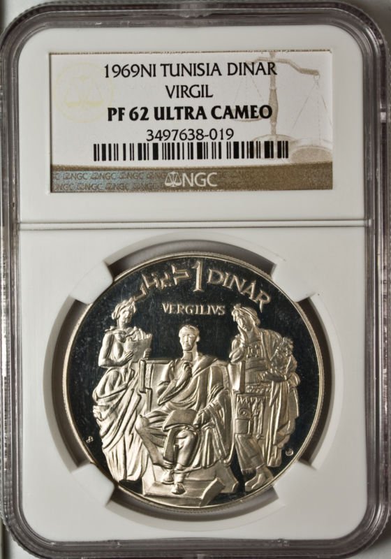 1969 Tunisia Large Silver Proof Virgil-Roman Poet 1 D-Rare Italian Mint NGC PF62