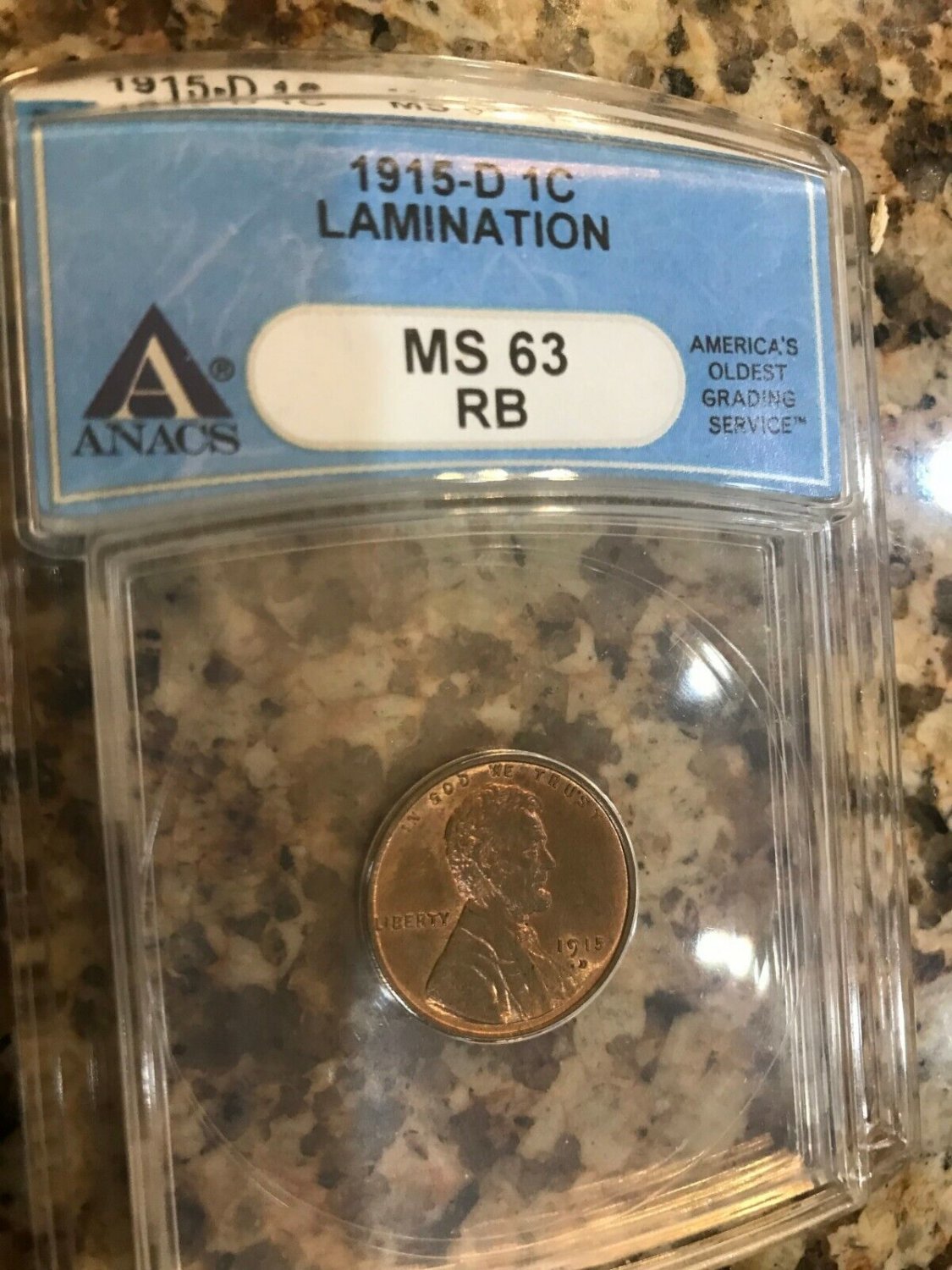 USA 1915 D 1 Cent ANACS MS63 RB Lamination