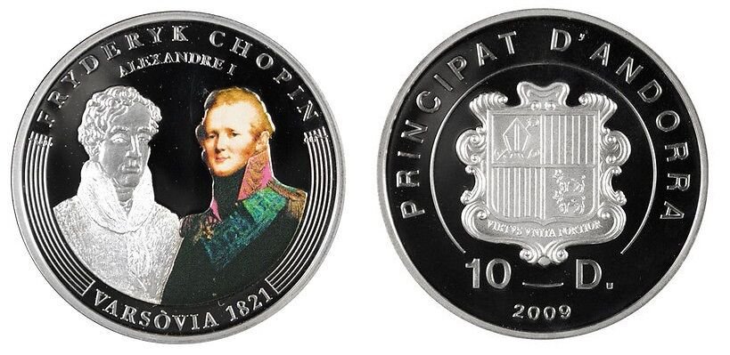 Rare 2009 Andorra Large Proof Silver 10 D Chopin 200 years-1821 Warsaw/Alexander