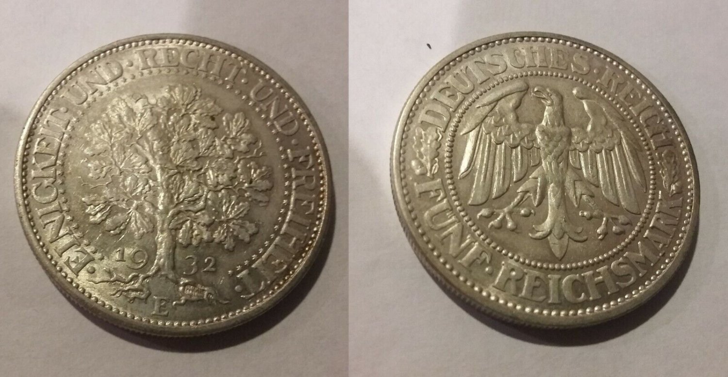 Rare 1932 E Weimar Germany  5 Mark Oak Tree-Nice