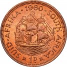 1960 South Africa Large 1 Penny Queen Elizabeth II Sailing ship- Red BU