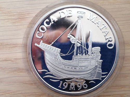1996 Spain Large 42mm 1 OZ silver Proof 5 Ecu Coca DeMataro-Ancient Sailing Ship